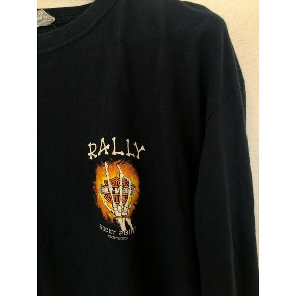 Yazbek Harley Davidson Dark Blue Long Sleeve T Shirt Skeleton Hand Flame Design - Picture 2 of 7